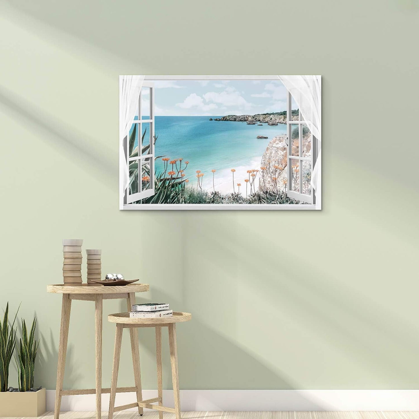 Window Canvas Art Sea Picture: Open Window into Blue Ocean with Beach Wall Art Coastal Artwork for Bedroom (36'' x 24'' x 1 Panel)