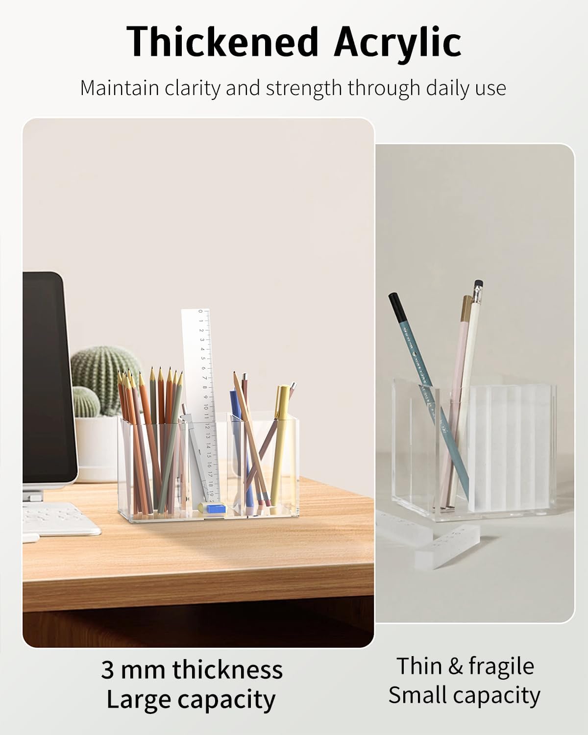 Uniclife Clear Acrylic Pen Holder for Desk, Plastic Pencil Holder Pen Organizer with 3 Compartments, Desktop Stationery Organizer for Office Home School, Vertical Makeup Brush Holder, 6.8" x 3" x 4"