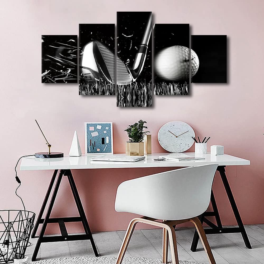 White and Black Golf Course Pictures Wall Art Golf Ball Paintings Multi Panel Printed on Canvas Golf Course Artwork Modern Home Decoration Giclee Wooden Framed Gallery-Wrapped Ready to Hang-60 Wx32 H