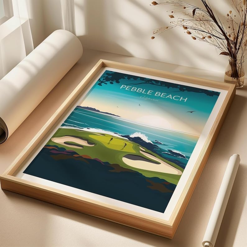 Nationcog Pebble Beach, California Golf Print - US Open Golf Travel Poster, Pebble Beach Golf Poster, California Golf Course Art, Scenic Ocean Golf Print, Luxury Golf Resort Decor (Unframed) (24x36)