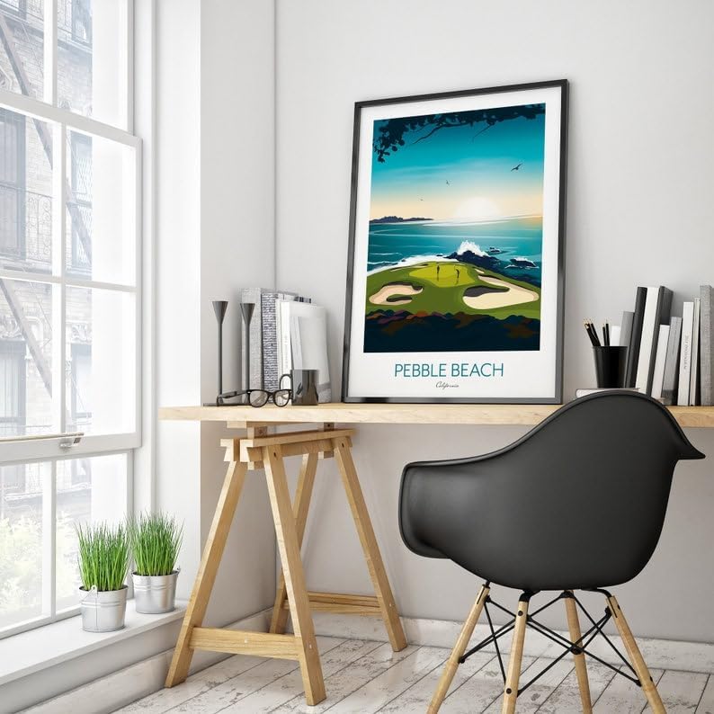 Golf Print - Pebble Beach California - US Open Golf Gift, Pebble Beach Golf Course Poster, California Golf Print, Coastal Golf Art, Golf Landscape Illustration, Sports Wall Decor. (Unframed) (20x30)
