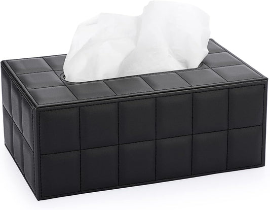 Sumnacon Rectangular Leather Tissue Box Cover - Stylish Tissue Box Holder with Magnetic Bottom, Decorative PU Tissue Box for Vanity Dresser Night Stand Table Countertop Home Office Car,Grid Black