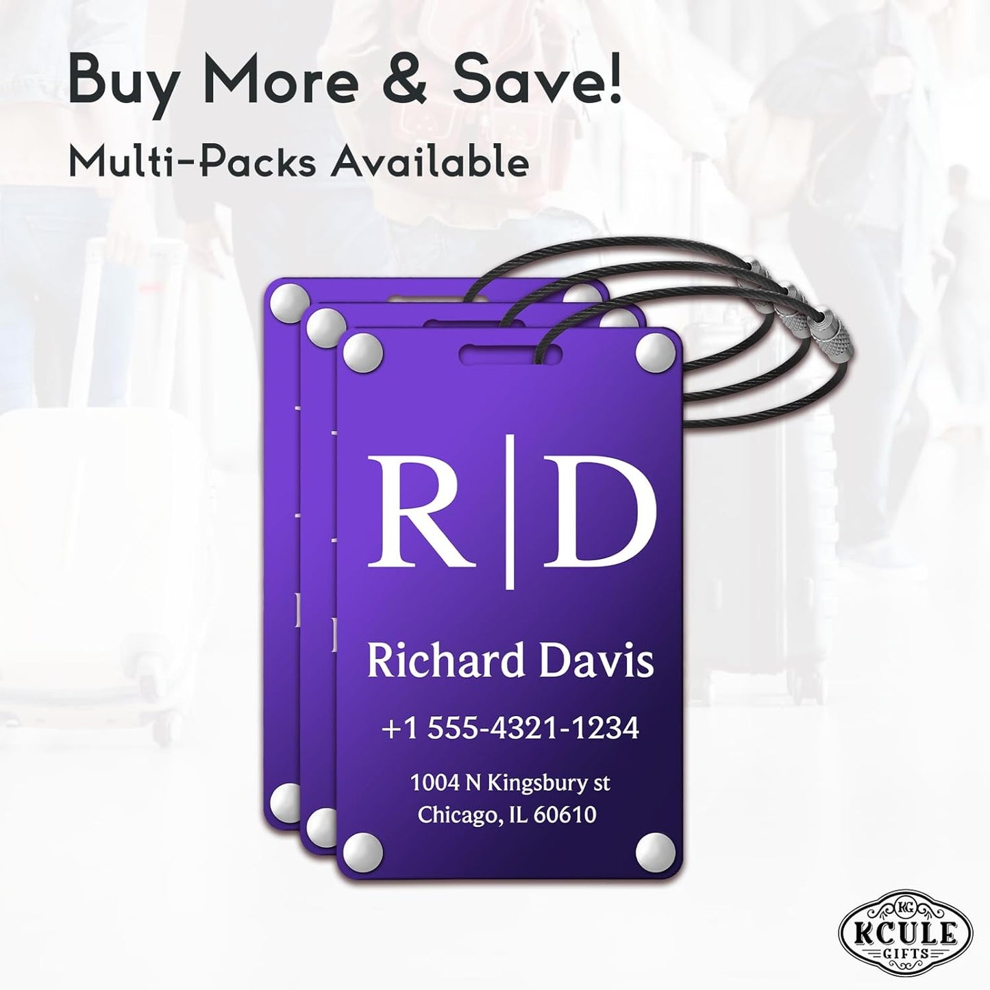 Personalized Luggage Tags for Suitcases - Monogram Style Aluminum Custom Luggage Tags for Backpacks & Bags, Sturdy, Waterproof & Heavy Duty (Purple/Card-Sized)