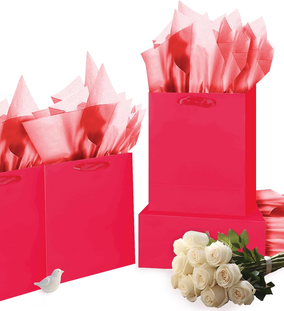Gcardist Wine Red Gift Bags with Tissue Paper for Wedding, Birthday, Party Supplies-7.9"x4.3"x9.6" Medium Size Cardboard Gift Bags（16pcs Bags +32pcs Tissue Paper ）