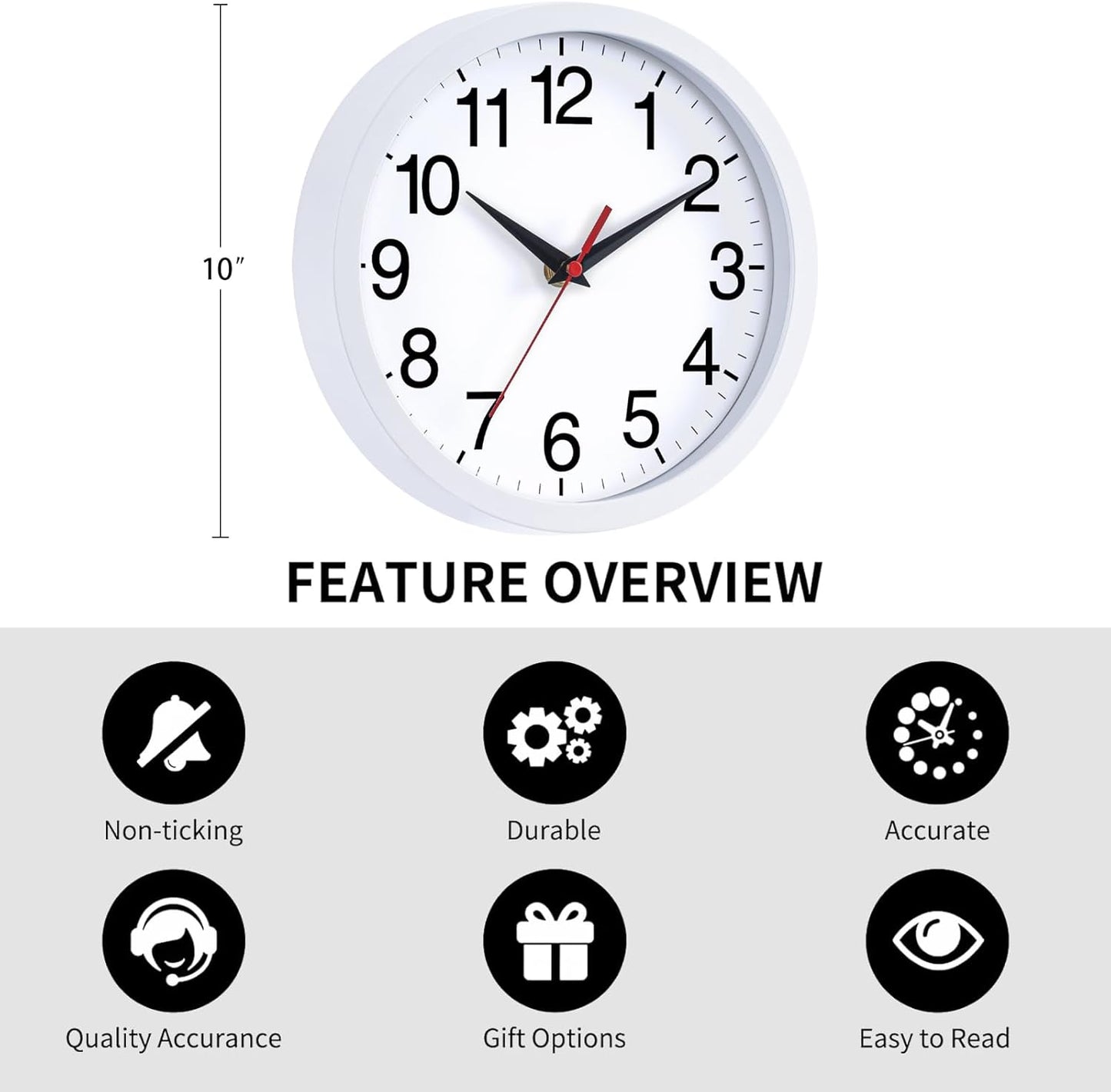 Wall Clock Modern 10 Inch Battery Operated Silent Non Ticking Analog Clock Decorative for Bedroom Kitchen Bathroom Office Home (White)