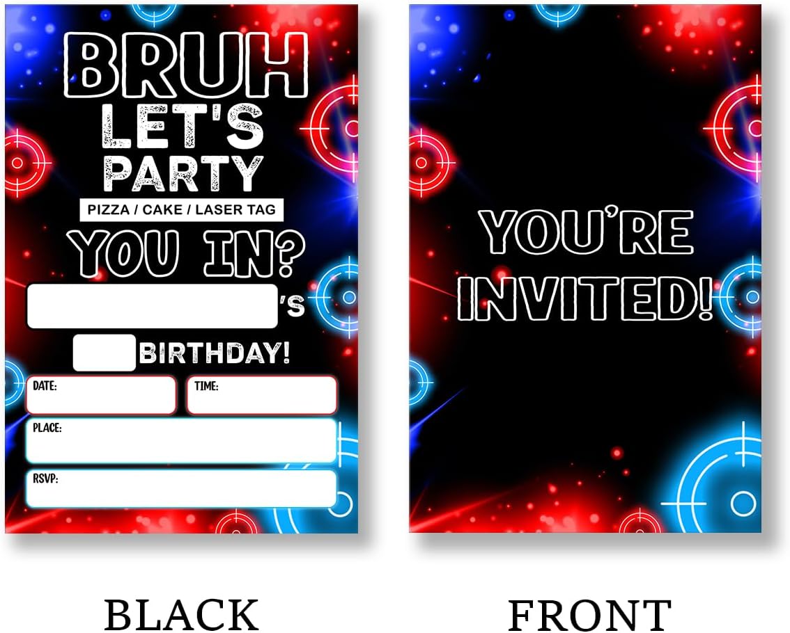 Laser Tag Birthday Invitation Supplies with Envelopes Set of 20 Bruh Neon Glow Laser Party Invite Fill in Blank, Double Sided