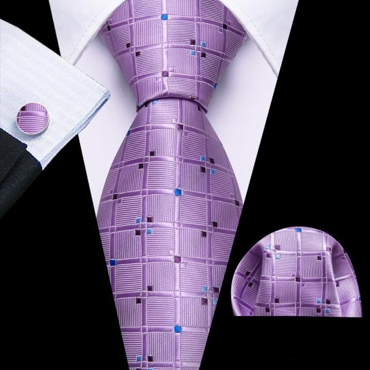 Barry.Wang Designer Classic Ties for Men Set Formal Pocket Square Cufflink Check Plaid