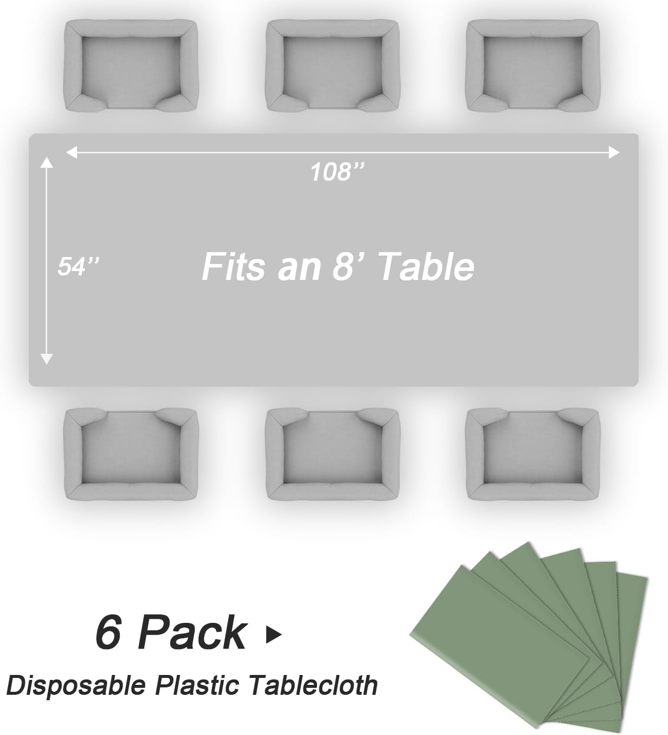 QIKSION Plastic Table Cloth Disposable 6 Pack, 54 x 108 Inch Tablecloths for Rectangle Tables, Sage Green Plastic Table Cover