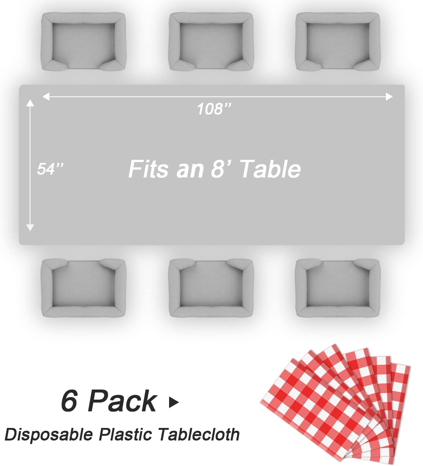 QIKSION Red Gingham Tablecloth Disposable 6 Pack, 54 x 108 Inch Red and White Checkered Table Cloth for Rectangle Tables, Plastic Table Cover