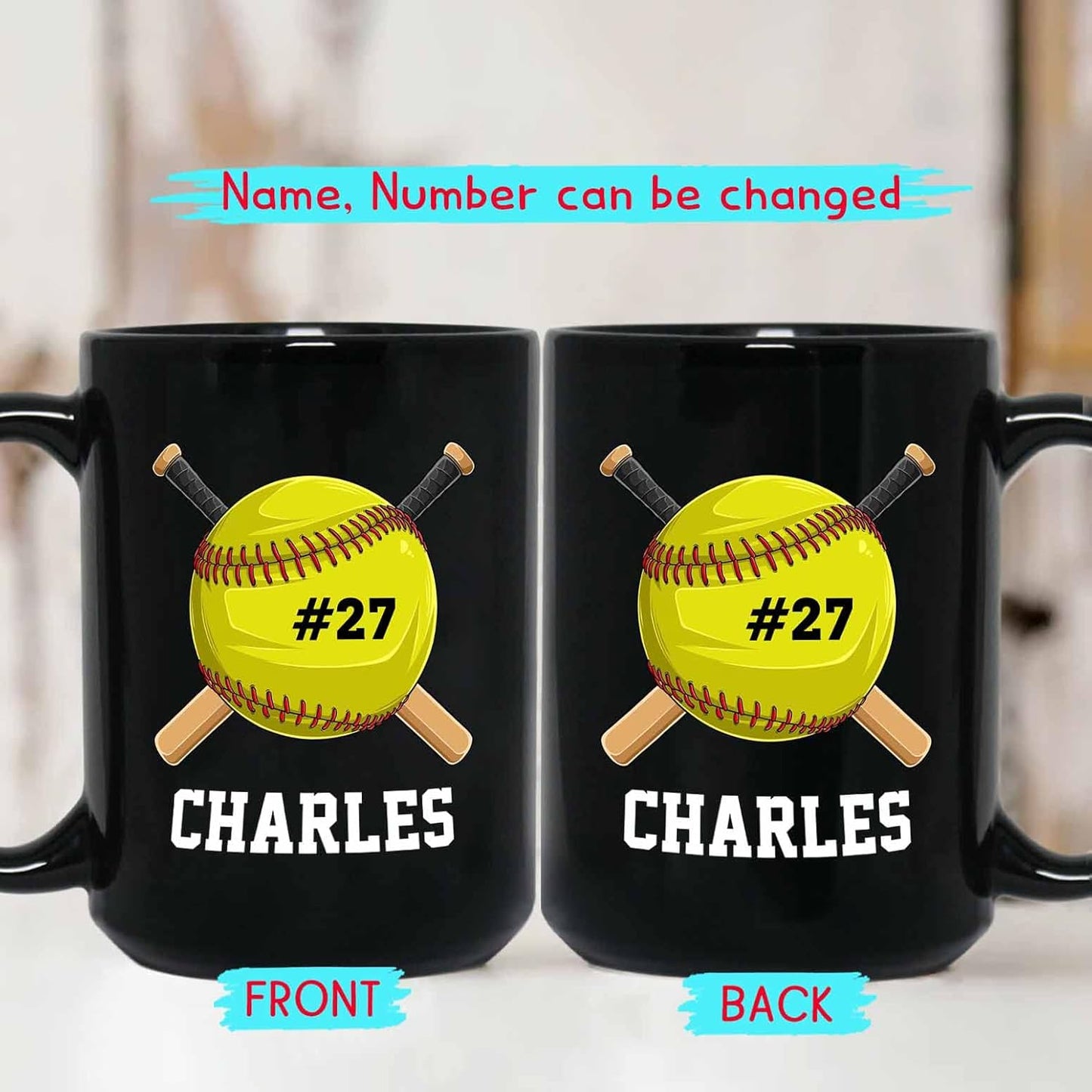 Personalized Name Softball Coffee Mugs 11 Oz 15 Oz, Customized Softballs Black Ceramic Mug Gifts For Softball Lovers Team Coach Softball Lover, Softballs Players Coffee Cup, Softball Sport Travel Mug