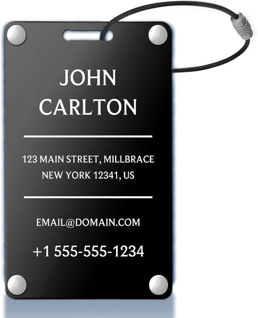 Personalized Luggage Tags for Suitcases - Aluminum Custom Luggage Tags for Backpacks & Bags, Sturdy, Waterproof & Heavy Duty (Black/Card-Sized)