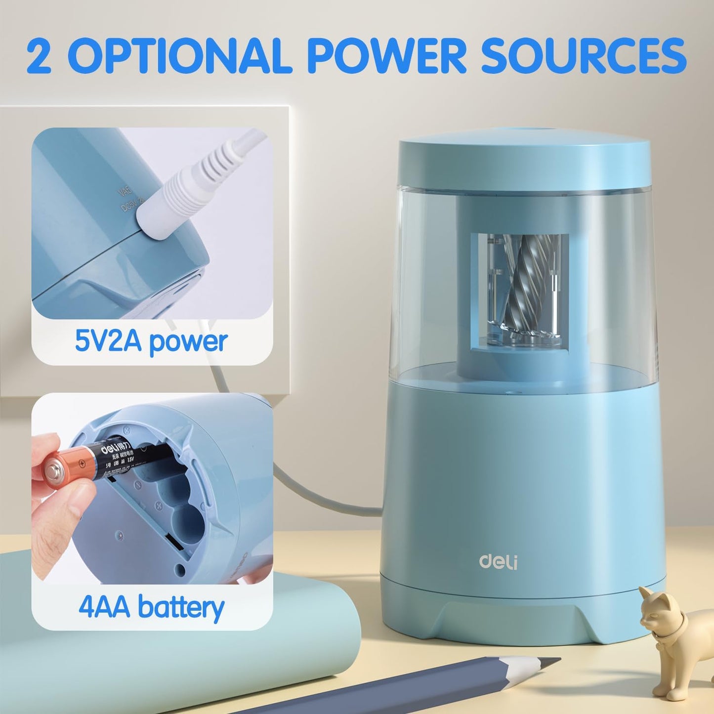Deli Electric Pencil Sharpener, Automatic Pencil Sharpeners for No.2 Pencils Colored Pencils, Auto Stop, USB & Battery Operated for Kids, Students, Classroom, Home and Office, Blue