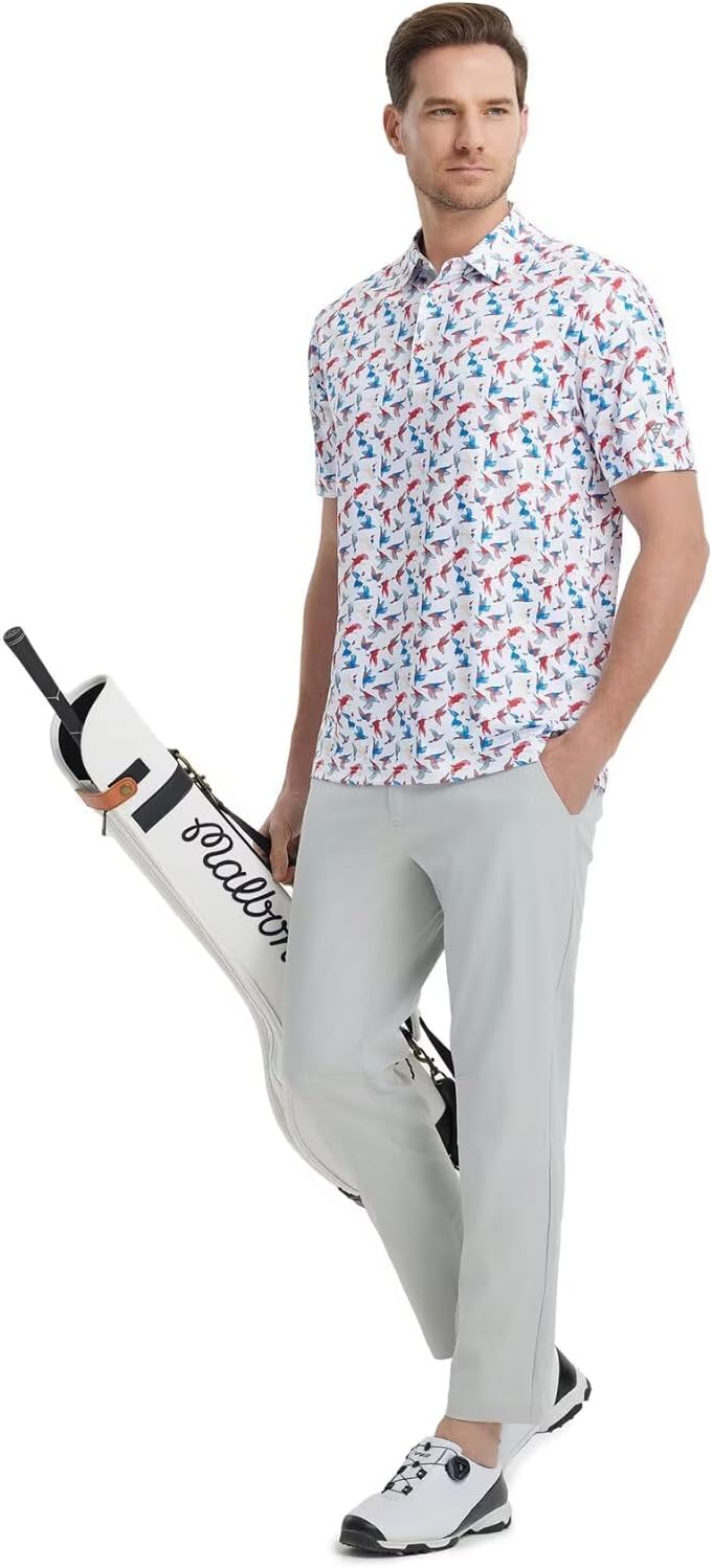 M MAELREG Mens Golf Shirt Short Sleeve Dry Fit Print Moisture Wicking Performance Patterns Collared Polo Shirt