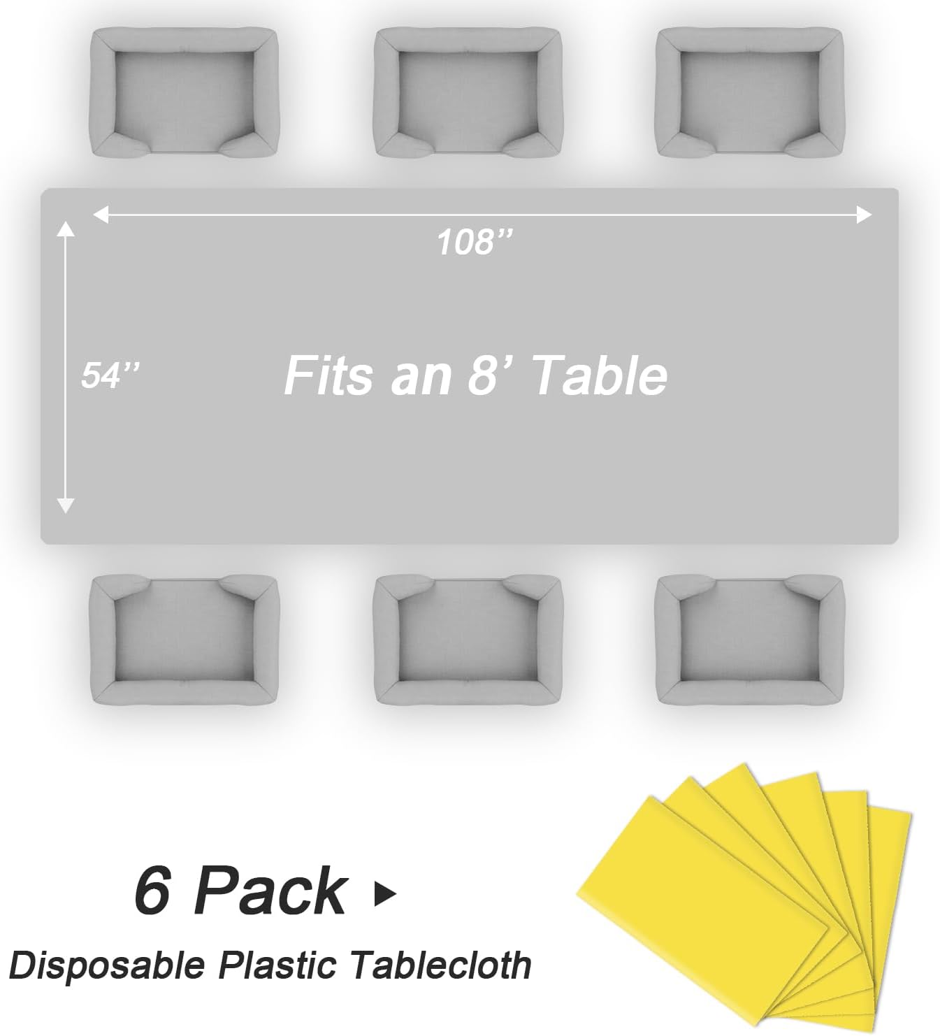 QIKSION 6 Pack Yellow Plastic Rectangular Tablecloths for Parties, Bridal Shower, Birthday, Engagement, Wedding, Fits 6 to 8 Foot Tables (54 108 Inch)