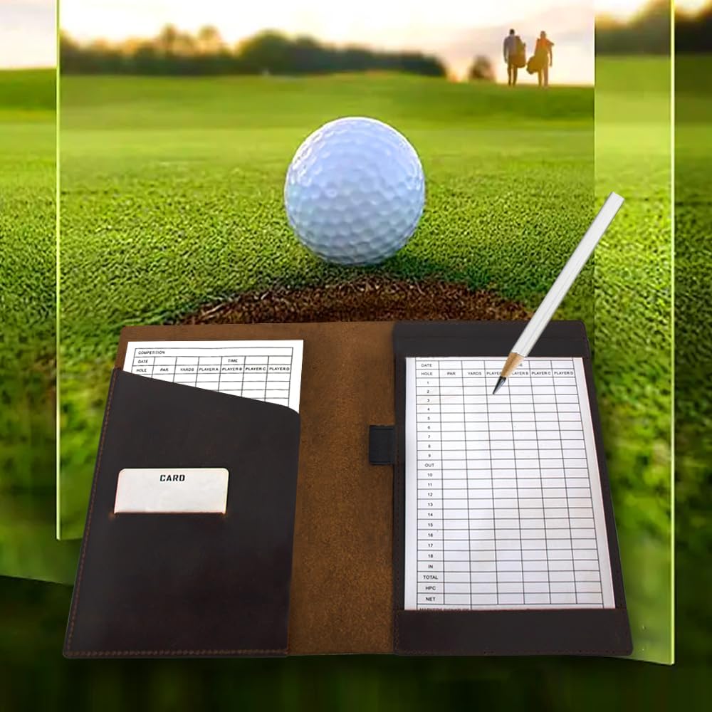 Leather Golf Scorecard Holder: USA Genuine Crazy Horse Leather Golf Yardage Book Cover with 1 Scorecard 1 Pencil Golf Notebook Back Pocket Cool Golf Gifts for Him Golfers Men