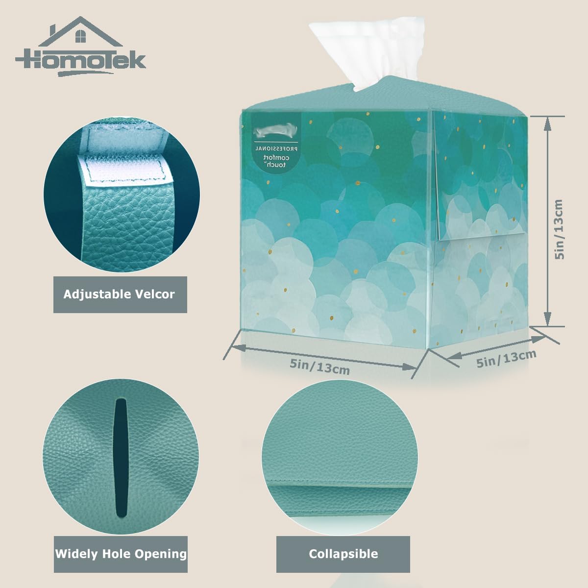 HOMOTEK 2 Pack Tissue Box Cover, Square PU Leather Tissue Holder, Decorative Facial Tissue Cube Paper Organizer Dispenser for Bathroom, Night Stands, Desk, Car 5X5X5'' - Aqua Blue, Pebble Grain
