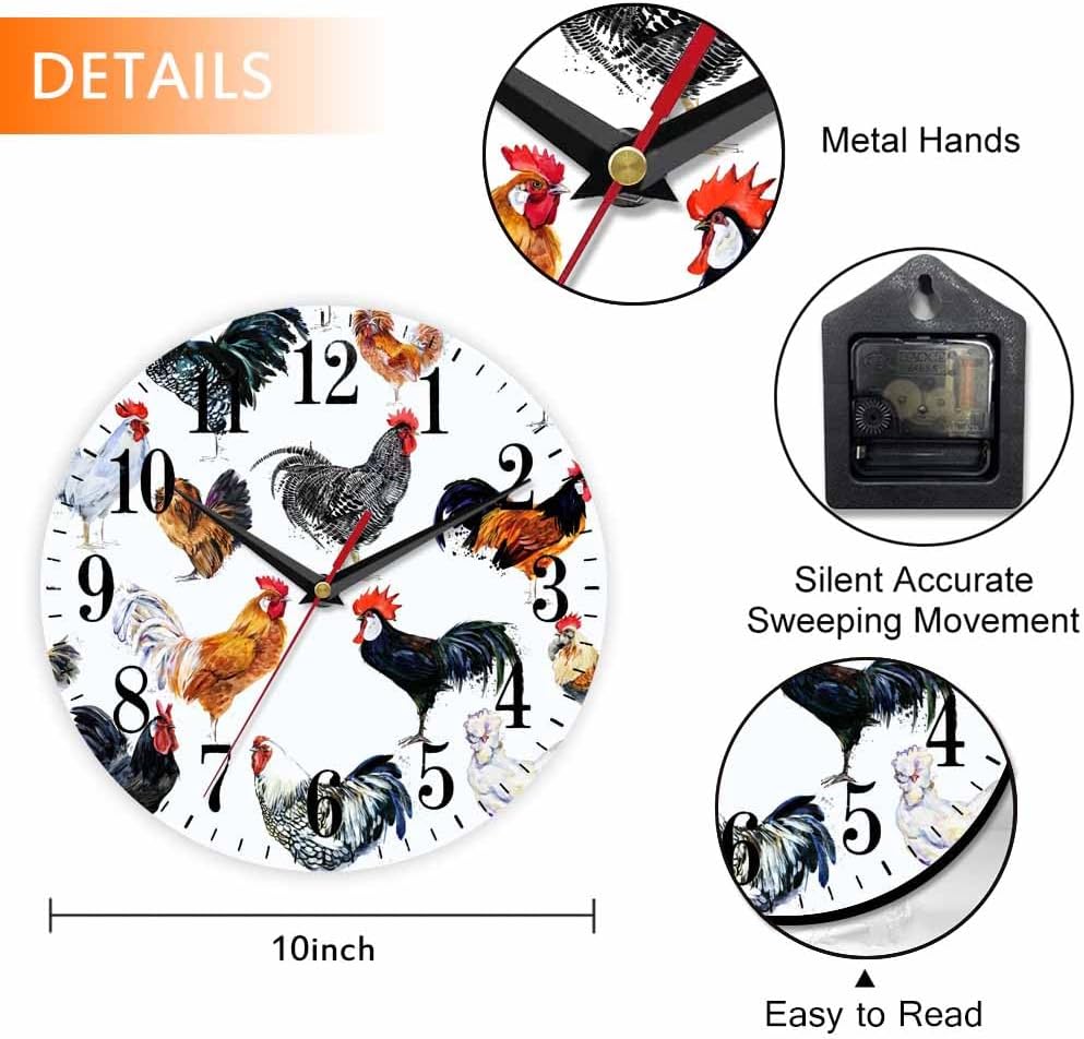Mxocom Roosters Wall Clock Farm Watercolor Hen Chicken Pattern 10 Inch Silent Non Ticking Battery Operated Clock Vintage Round Clock for Living Room Bedroom Bathroom Office Decor