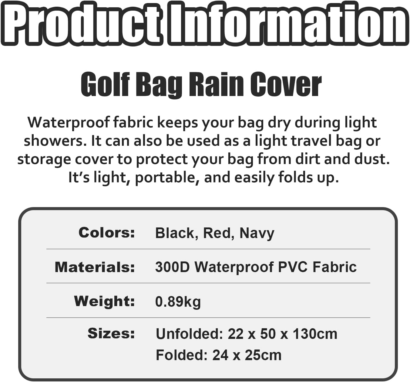 Golf Bag Travel Rain Cover, 300D PVC Waterproof Cover for Golf Club Bag, Durabale, Lightweight and Easy to Maneuver