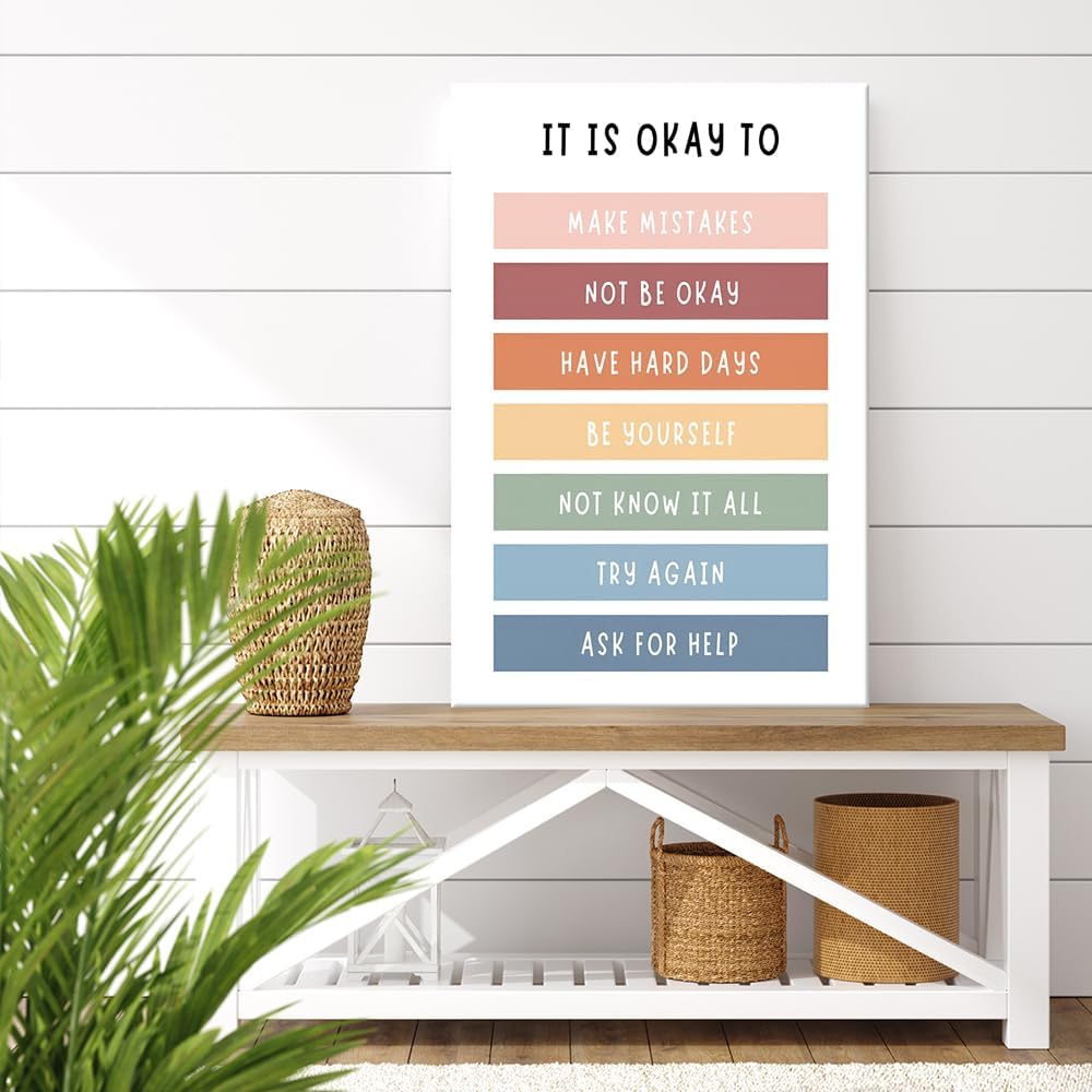 uoyien Growth Mindset Mental Health Posters Boho Classroom Playroom Therapy Wall Decor Affirmations Quotes Canvas Wall Art Kids Educational Prints For Calming Corner Decoration 12x16in Wood Framed