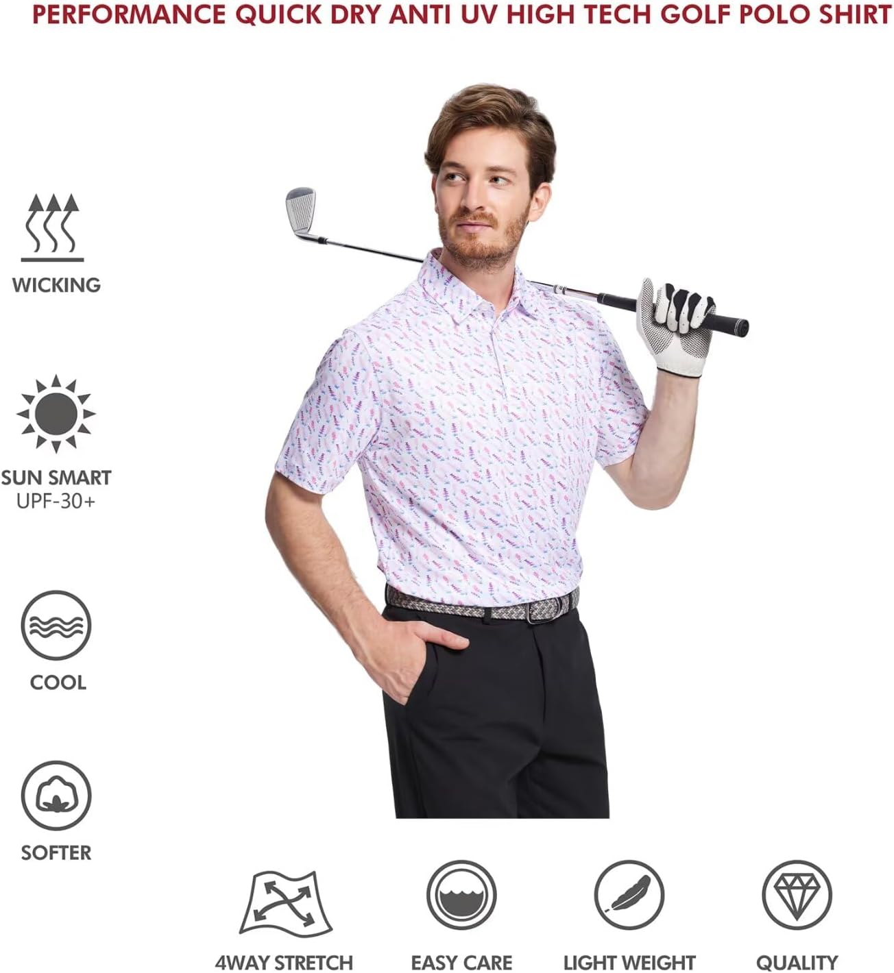 Golf Shirts for Men Dry Fit Short Sleeve Print Performance Moisture Wicking Polo Shirt