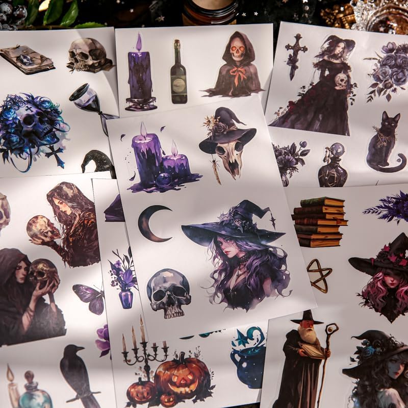 Pre-Cut Dragon and Witch Sticker Book Set, 40 Pages of Fantasy Ephemera for Scrapbooking, Journaling, DIY Crafting, and Art Supplies