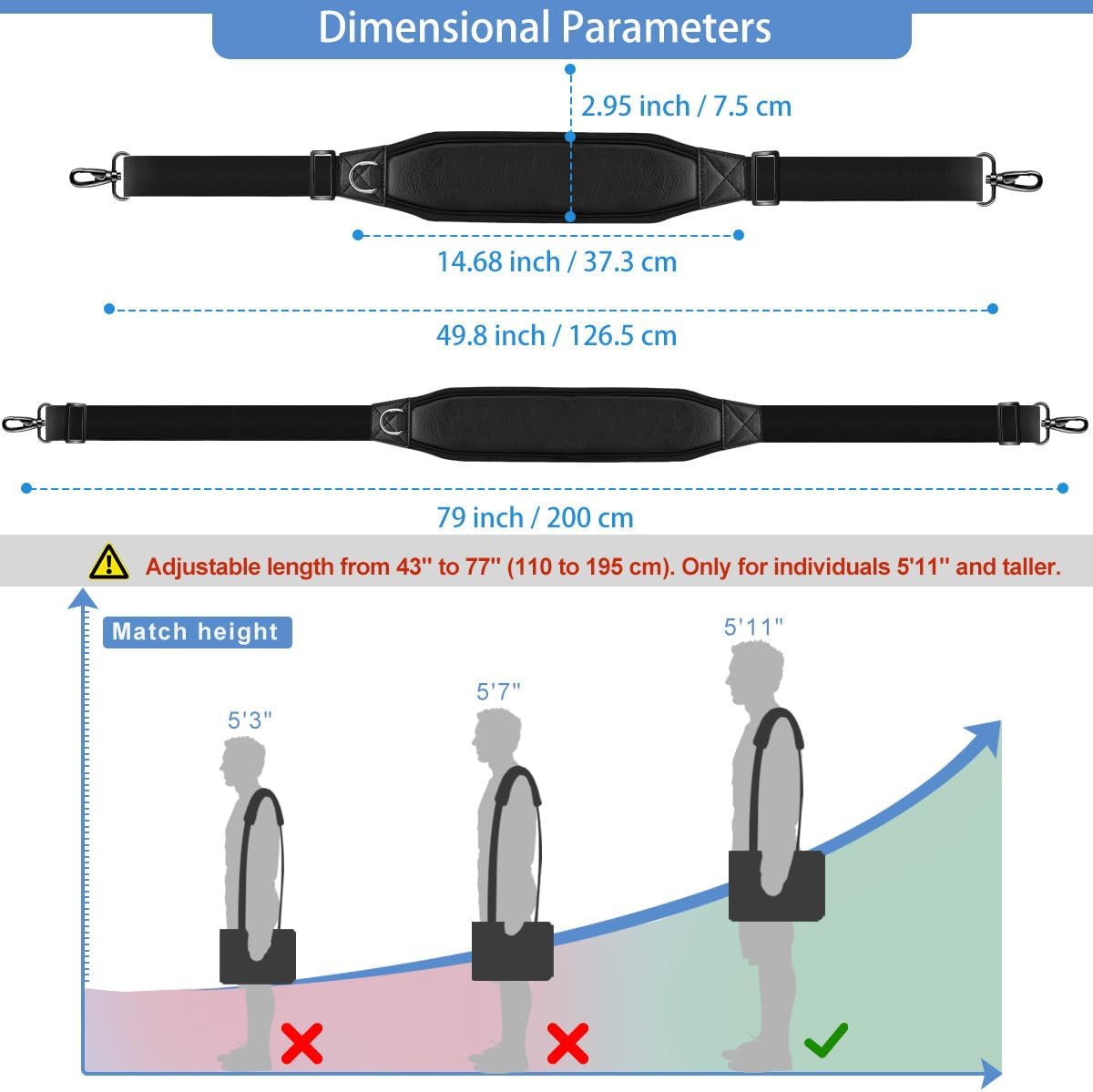 ZINZ 79" Universal Bag Strap with Neoprene Thick Padded, Fixed Pad Strap with Adjustable Buckles and Metal Swivel Hooks