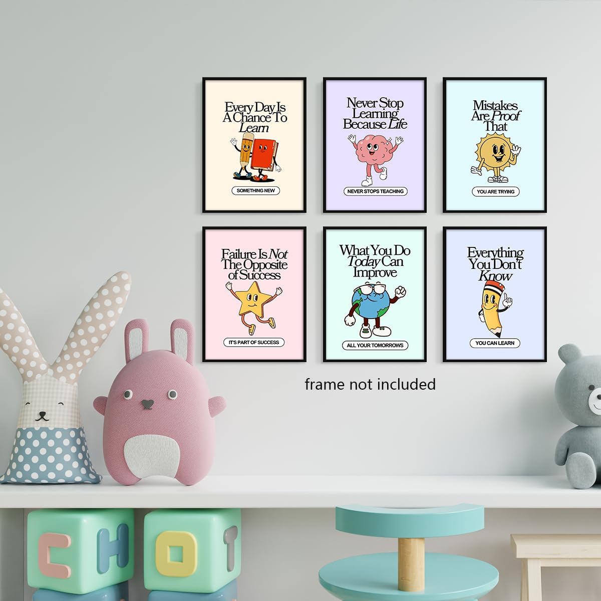 Set of 6 Colorful Growth Mindset Posters, Retro Inspirational Classroom Poster, Motivation Growth Mindset Wall Art for Classroom, Educational Poster for Teachers Bulletin Board 16x24in Unframed