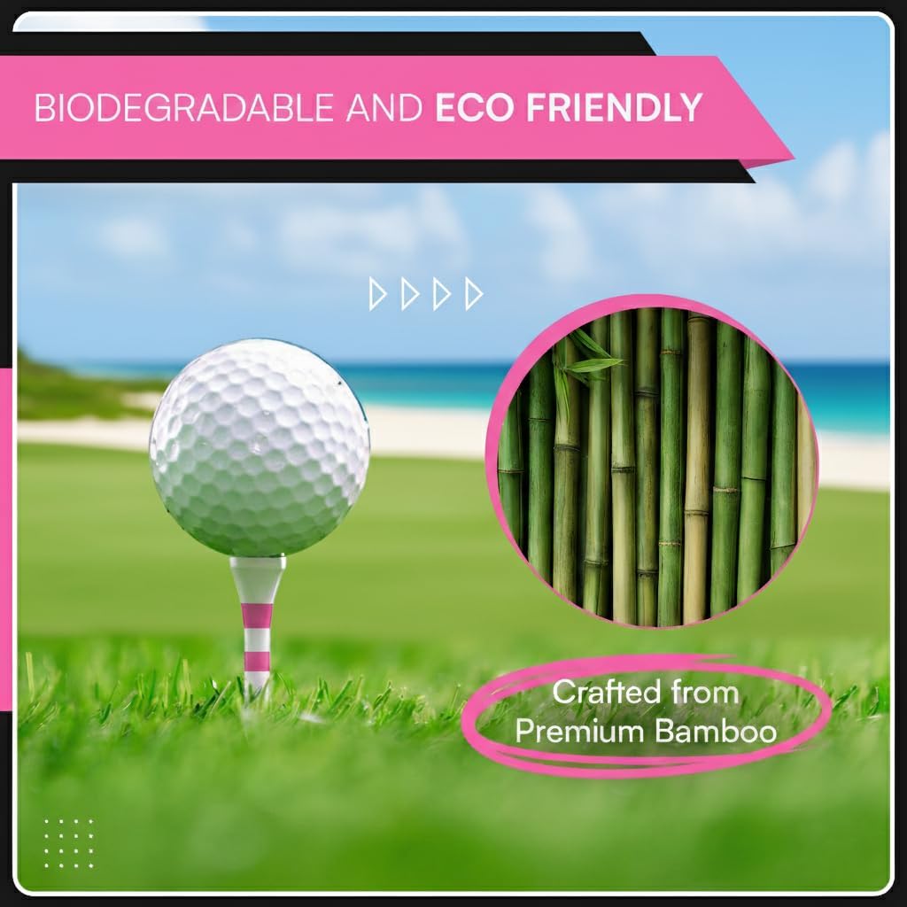 Bamboo Golf Tees Supporting Breast Cancer Research | 10% Profit Donation | Two Size Options (2 3/4" & 3 1/4") | Striped Pink and White | Biodegradable & Eco-Friendly