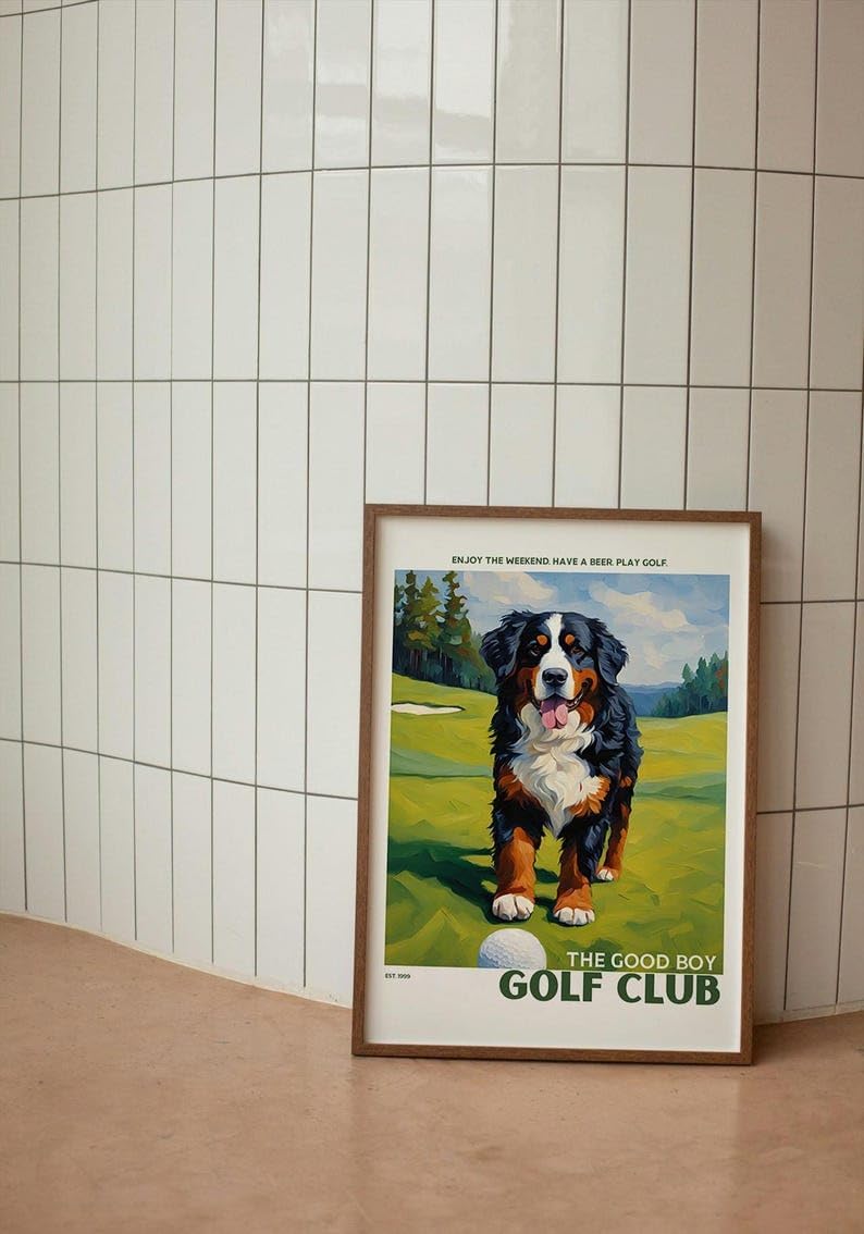 Golf Wall Art Print, Bernese Mountain Dog on Golf Course, Colorful Impasto Painting, Trendy Sports Poster, Unique Golf Course Poster for Collectors and Sports Fans, Home Decor (Unframed) (24x36)