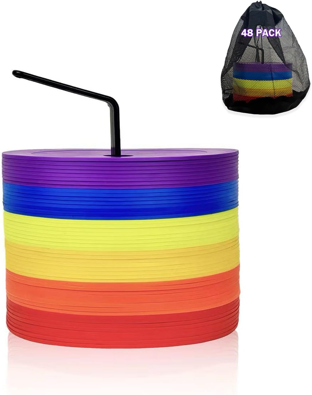 48 Pack 6 Inch Flat Soccer Cones, Multicolor Non-Skid Spot Markers with Holes, Flat Cones for Sports Training, Football, Baseball, Agility Training Equipment