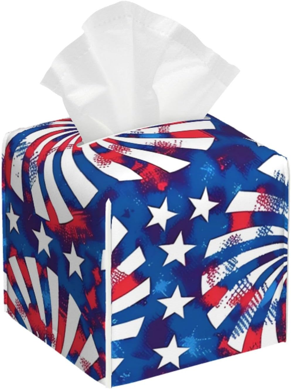 Tissue Box Cover American 4th of July Blue Red Elements Square PU Leather Tissue Box Holder for Car Bathroom Bedroom Desk Tabletop Decor