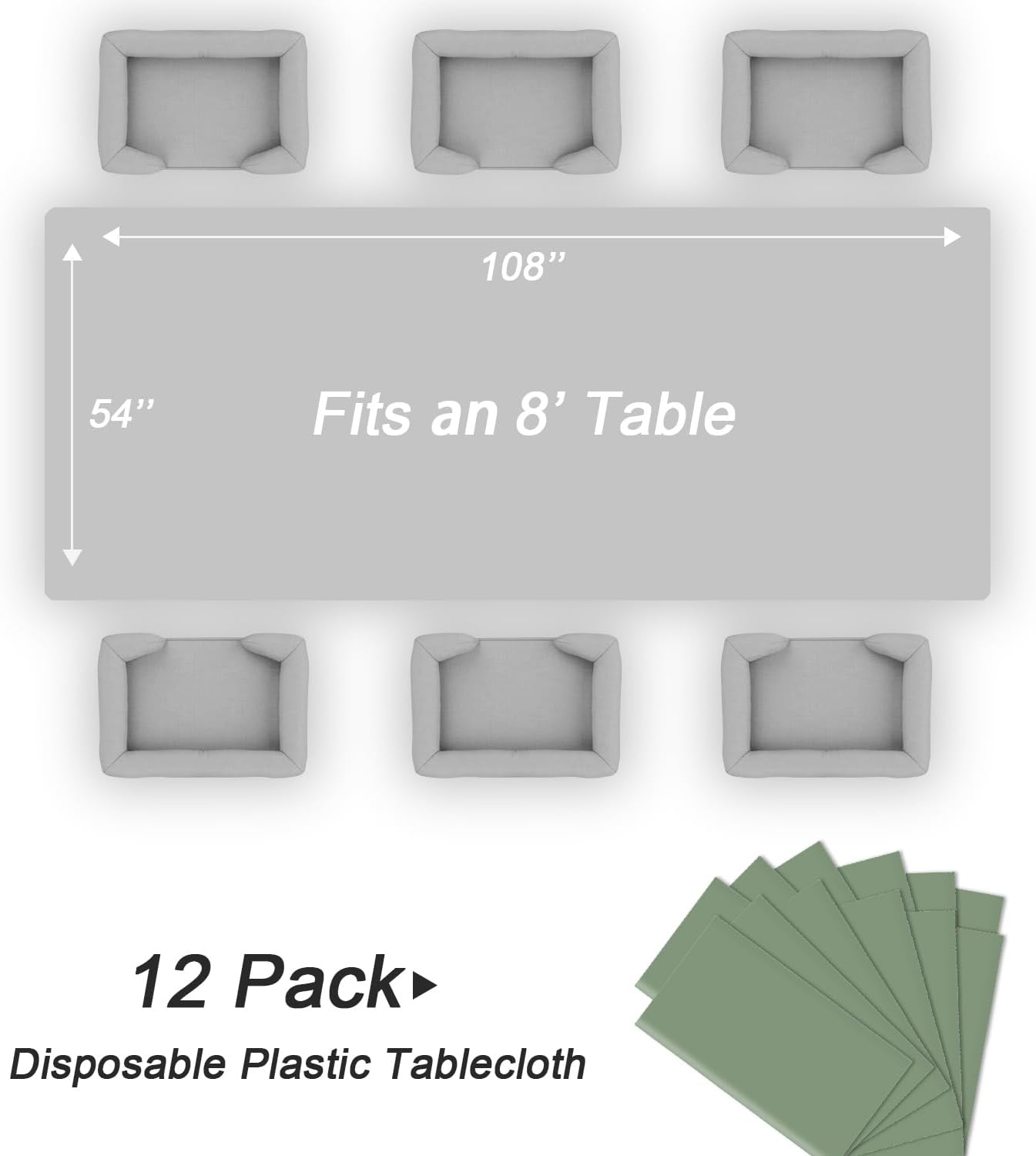 QIKSION Plastic Table Cloth Disposable 12 Pack, 54 x 108 Inch Tablecloths for Rectangle Tables, Sage Green Plastic Table Cover