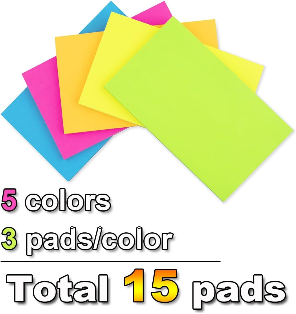(15 Pads) Sticky Notes 3x5 in Bright Stickies Colorful Super Sticking Power Memo Pads Strong Adhesive