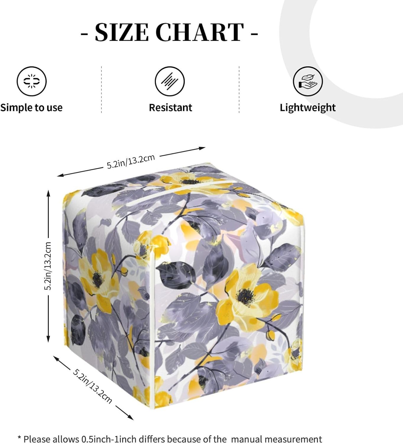Tissue Box Cover Yellow Flower Grey Leaves Square PU Leather Tissue Box Holder for Car Bathroom Bedroom Desk Tabletop Decor