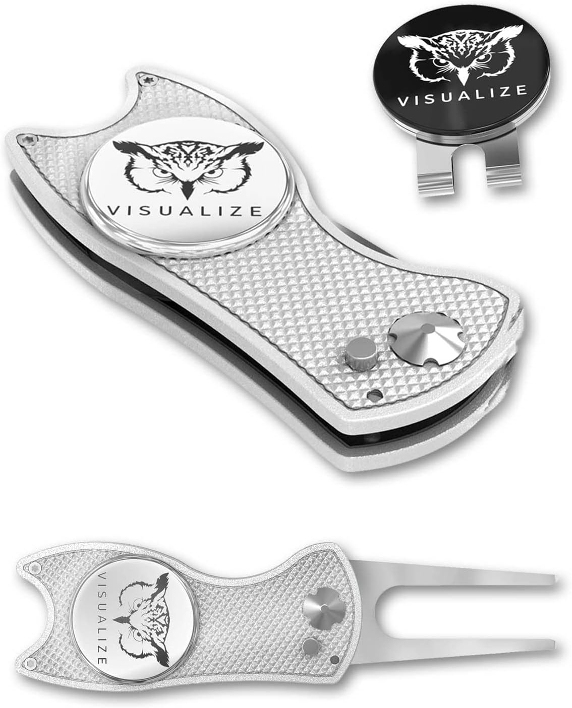 VISUALIZE Elite Switchblade Golf Divot Repair Tool Set with Ball Marker - Sturdy Anodized Aluminum - Perfect Golf Accessory Gift