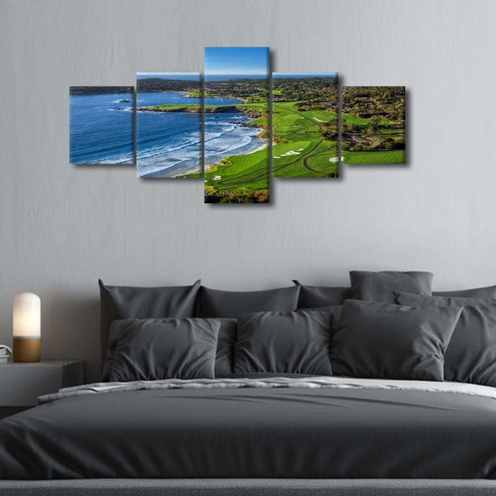 Modern Wall Art Prints and Poster Pebble Beach Golf Course Canvas Painting for Living Room Panoramic Images's Home Decor 5 Panels Gallery-wrapped Artwork Set Wooden Framed Ready to Hang(50"W x 24"H)
