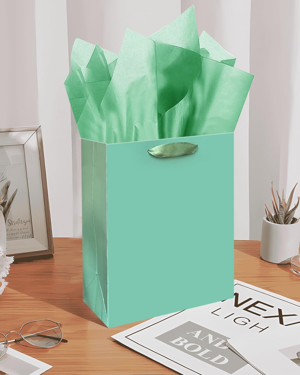 Gcardist Lake Green Gift Bags with Tissue Paper for Wedding, Birthday, Party Supplies-7.9"x4.3"x9.6" Medium Size Cardboard Gift Bags（5pcs Bags +10pcs Tissue Paper ）