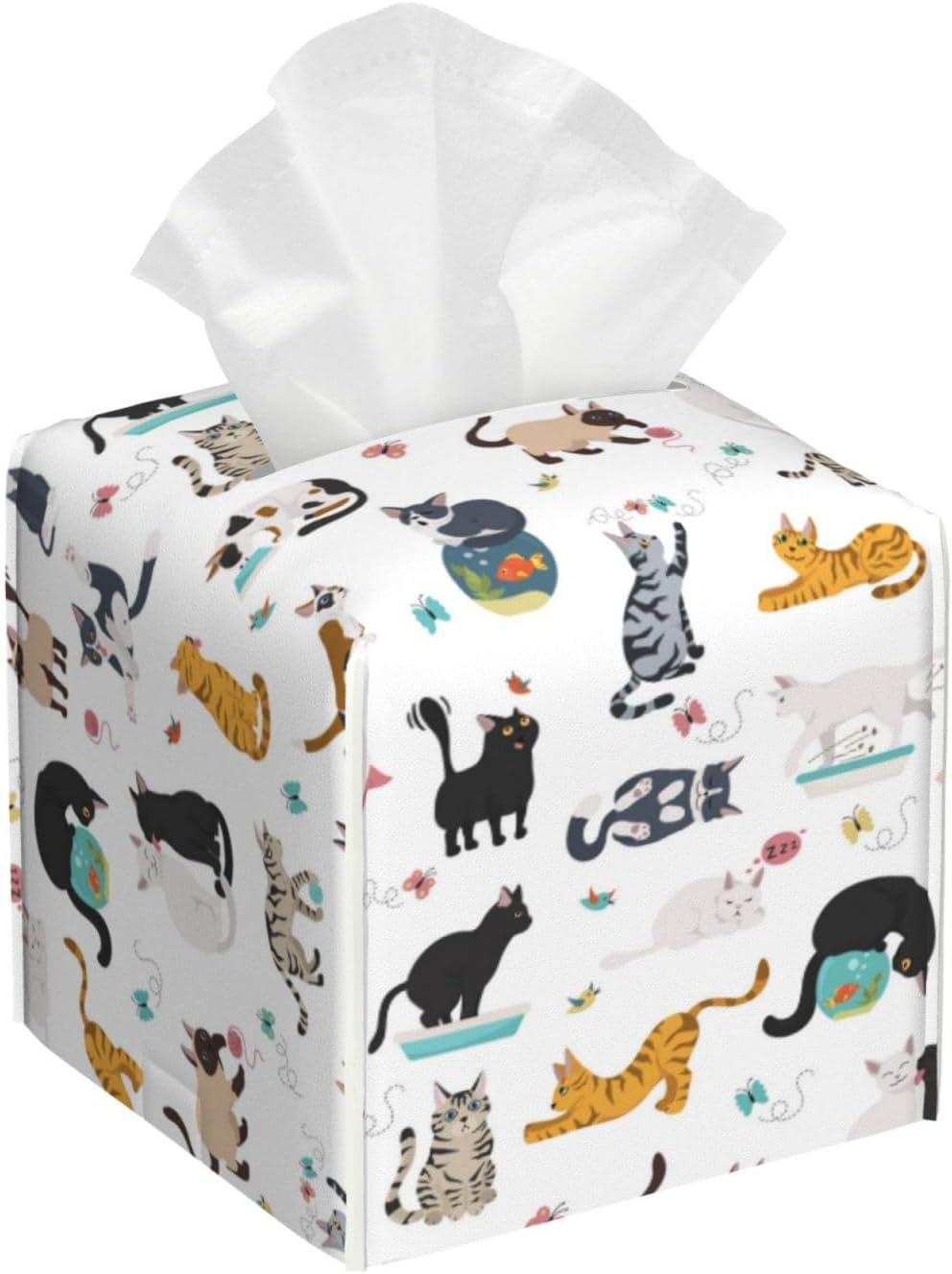 Cat Theme Tissue Box Holder Paper Organizer, PU Leather Tissue Case Cover, Cat Decor for Bathroom, Kitchen, Car
