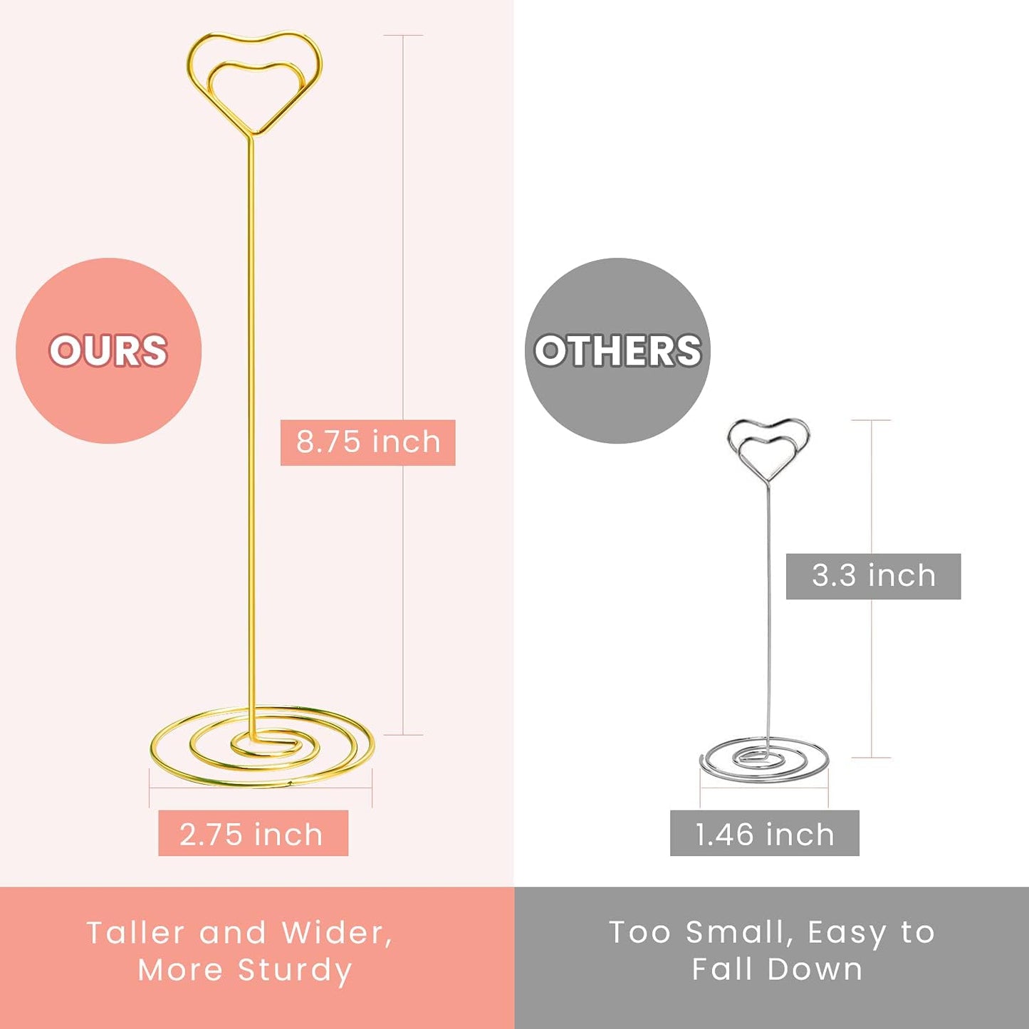 16pcs Place Card Holders, 8.75 Inches Tall Table Number Holders, Gold Picture Holder for Tables with Heart Shaped Clip for Wedding, Photos, Food Signs, Memo Notes, Restaurant, Birthday