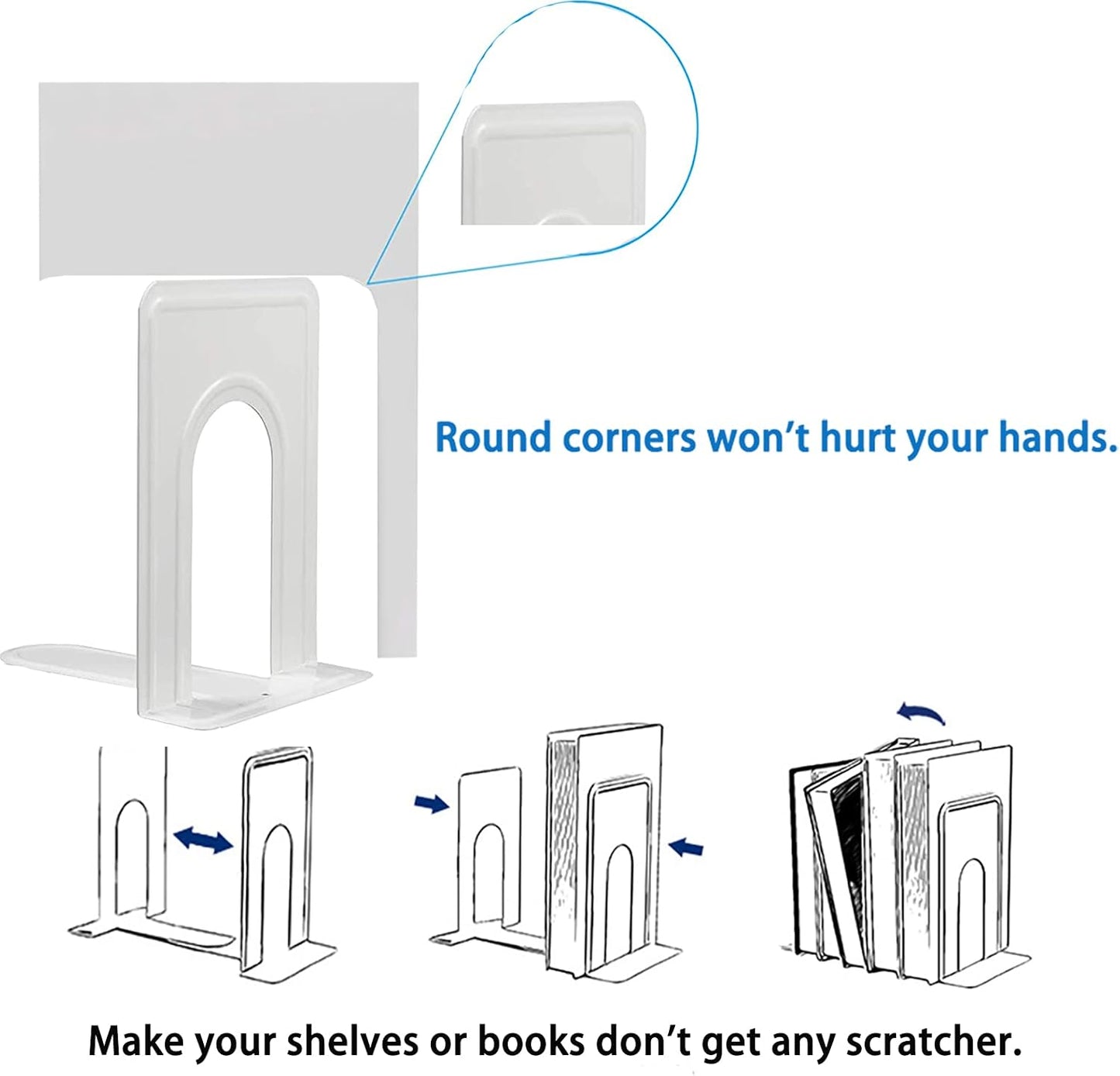 Metal Bookends for Home Office, Book Shelf Holder Home Decorative, Book Ends for Heavy Books/Movies/CDs, White 6.5 x 5 x 5.7 in, 4 Pair/ 8 Piece