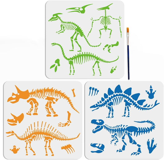 MAYJOYDIY 3pcs Dinosaur Skeleton Stencil Template Stegosaurus Triceratops Tyrannosaurus Rex Stencils 11.8×11.8inch with Paint Brush Dinosaur Footprint Stencils for Painting DIY Craft Window Wood