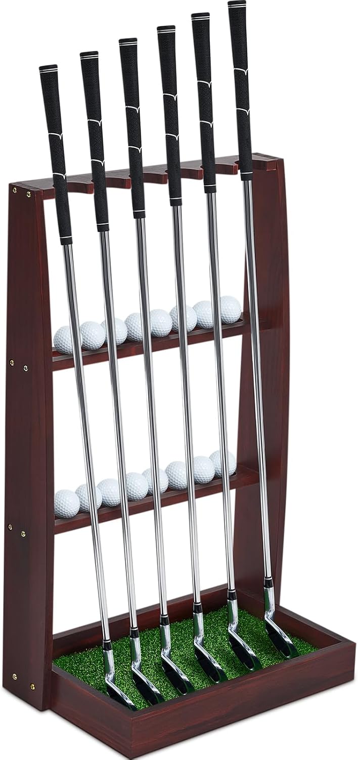 Lenwen Golf Putter Stand Wooden Display Rack Golf Club Holder Stand, Brown Golf Club Organizer for Storage Sports Indoor Home Garage