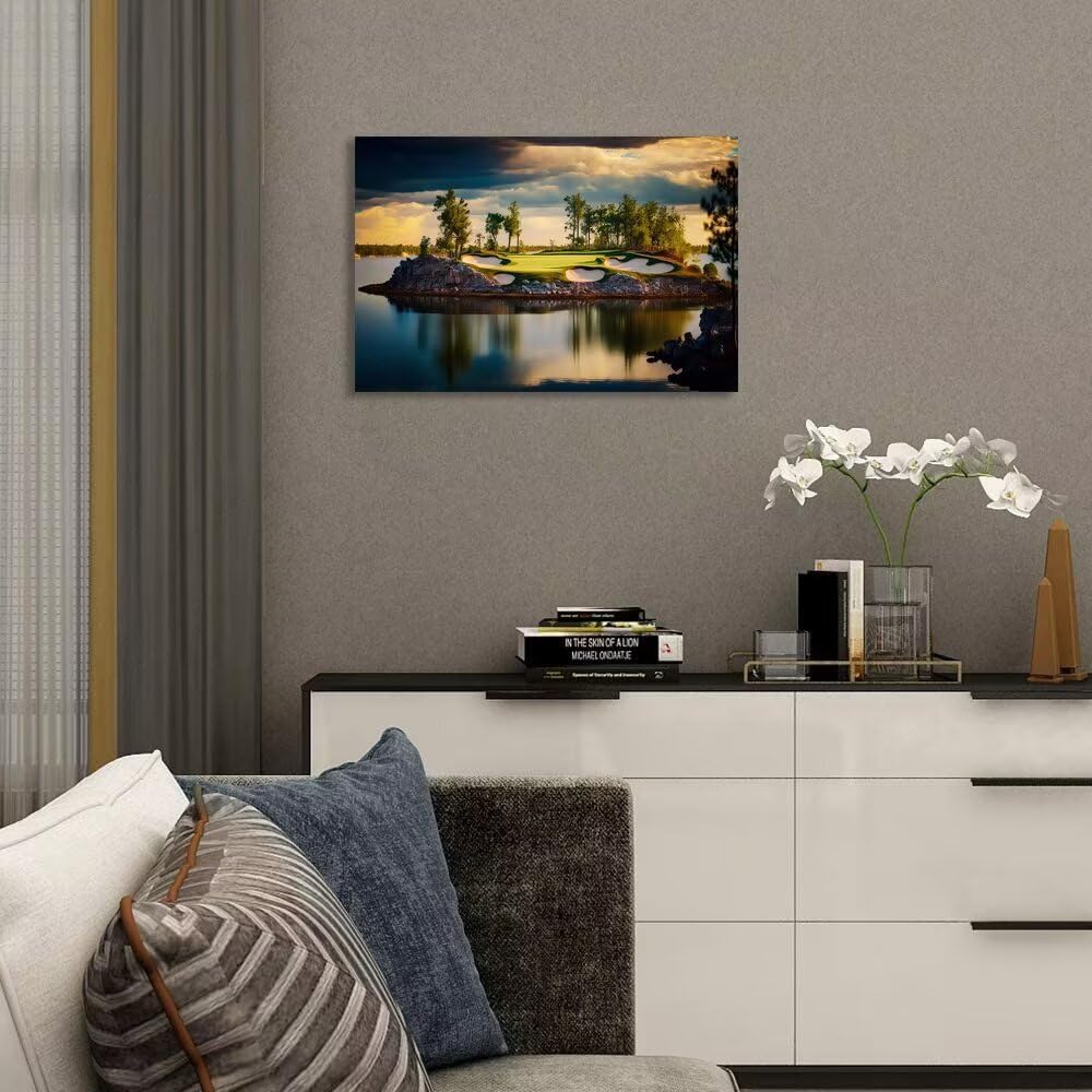 chenchenArt Sunset Landscape Golf Course Wall Art Picture Golf Course Wall Decor for Living Room Bedroom Bathroom Home Decorations Canvas Prints Framed Ready to Hang(28''H x 44''W)