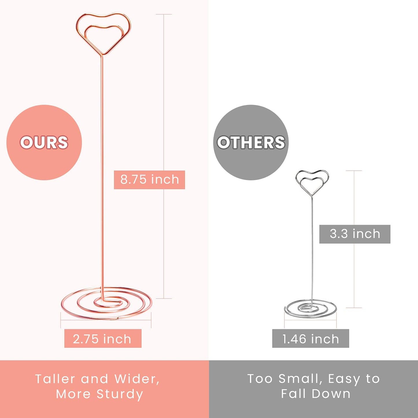 16pcs Place Card Holders, 8.75 Inches Tall Table Number Holders, Rose Gold Picture Holder for Tables with Heart Shaped Clip for Wedding, Photos, Food Signs, Memo Notes, Restaurant, Birthday