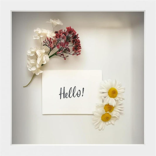 FrameWorks 11” x 11” White Wooden Shadow Box Frame – Display Case with Soft Felt Back, Memory Box with Tempered Glass, Display Box with Elegant White Ball Push Pins, Wooden Flower Box