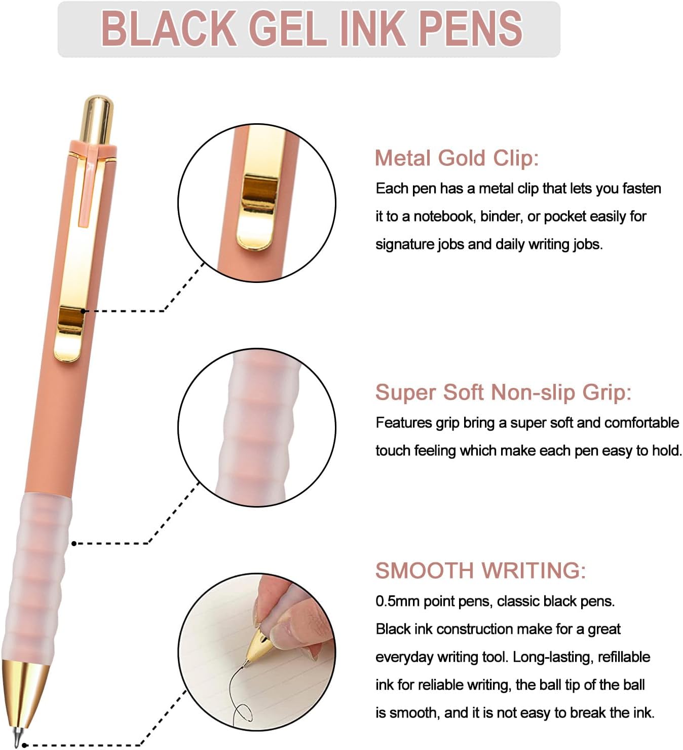 Linbsunne Gel Pens Black Ink Pen 0.5mm fine Point Pens Smooth Writing Retractable Office Supplies (18-count)