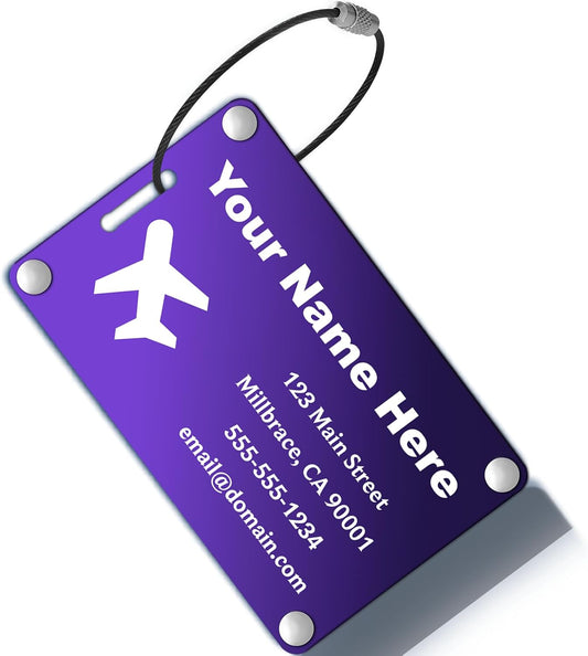 Personalized Luggage Tags: Custom Metal Luggage Tags for Suitcases, Backpacks and Bags with Your Personalized Text (Purple)