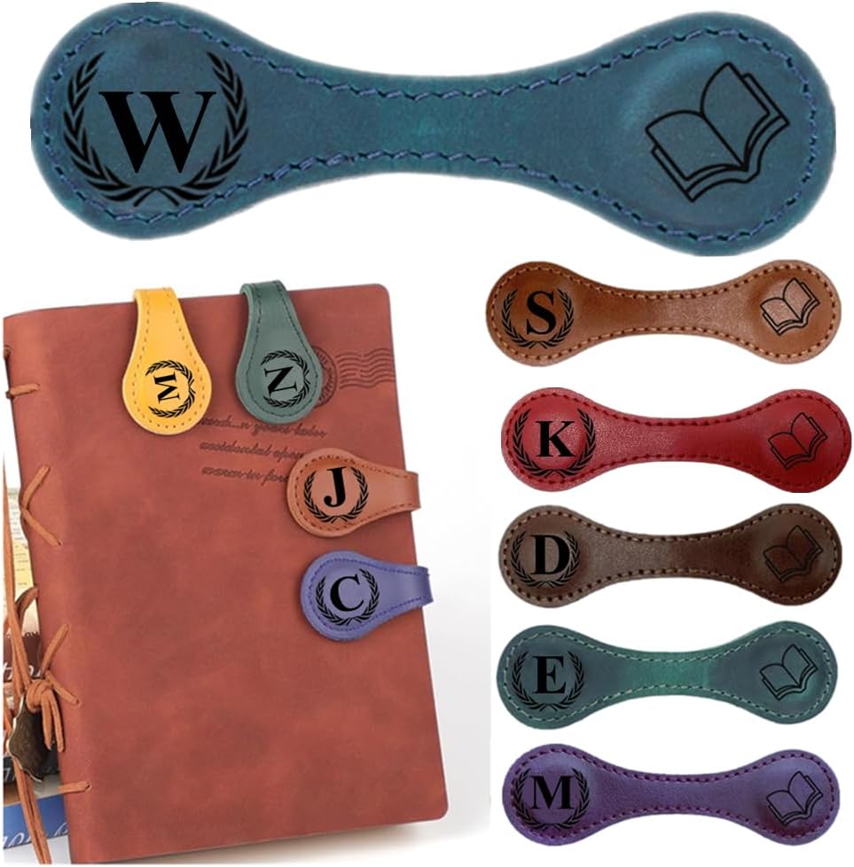 Personlized Magnetic Leather Bookmarks with Initials, Customized Book Marks Clip 26 Letters Bookmark for Reading Women, Men, Kids,Cute Book Markers Meaningful Gift for Book Lovers (Blue, W)