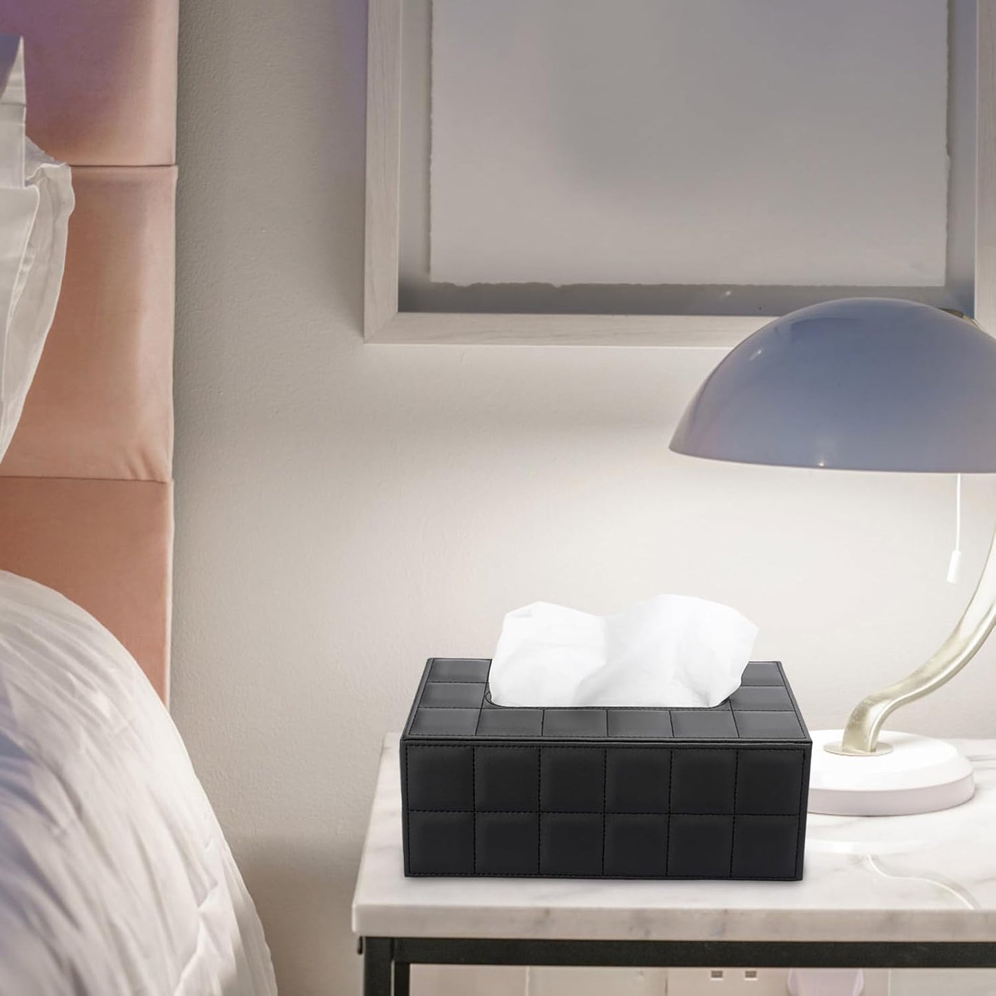 Sumnacon Rectangular Leather Tissue Box Cover - Stylish Tissue Box Holder with Magnetic Bottom, Decorative PU Tissue Box for Vanity Dresser Night Stand Table Countertop Home Office Car,Grid Black