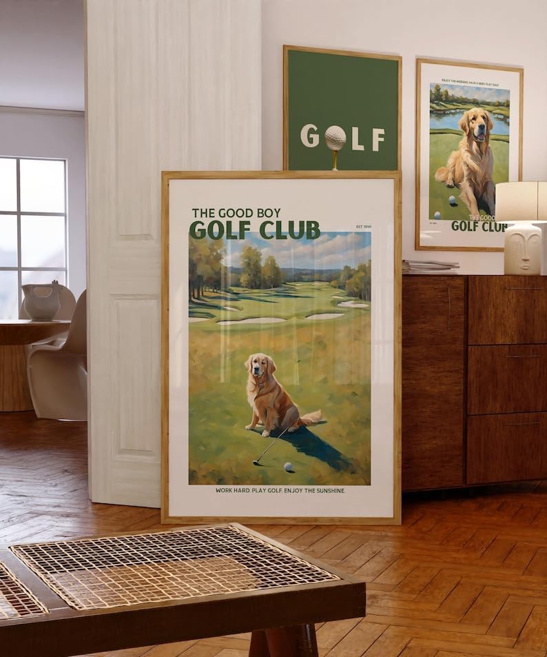 Nationcog Good Boy Golf Club Poster, Golden Retriever Dog on Golf Course Wall Art, Funny Retro Golf Print, Retro Golf Artwork for Dog Lovers, Husband, or Golf Friends (Unframed) (12x18)